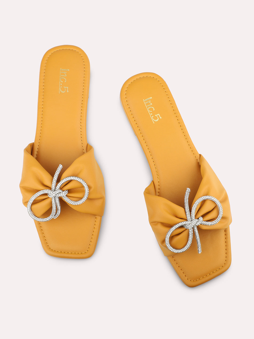 Women Mustard Embellished Open Toe Flats