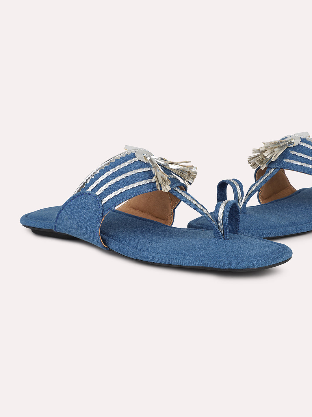 Women Blue & Silver-Toned Denim Kolhapuri One Toe Flats