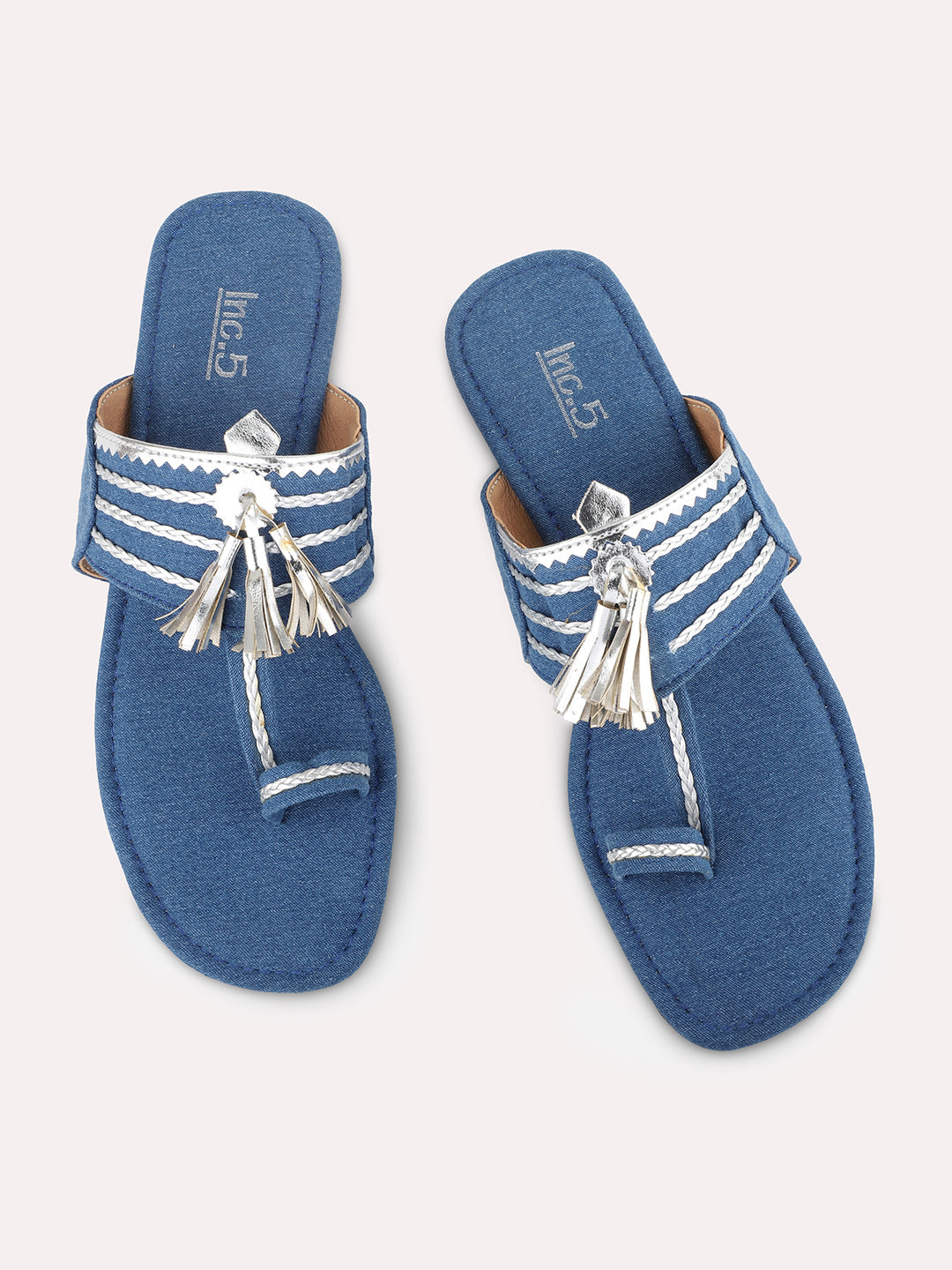 Women Blue & Silver-Toned Denim Kolhapuri One Toe Flats