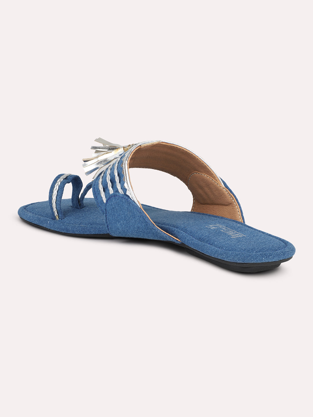 Women Blue & Silver-Toned Denim Kolhapuri One Toe Flats