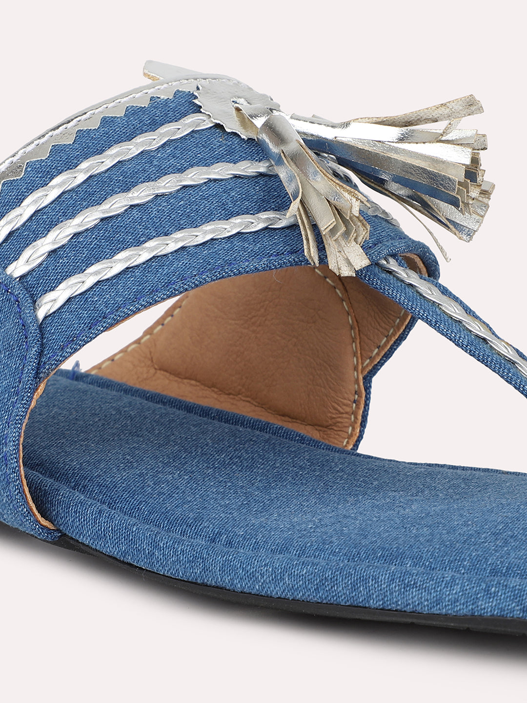 Women Blue & Silver-Toned Denim Kolhapuri One Toe Flats