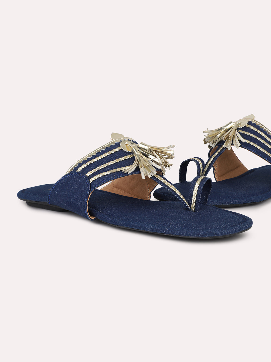 Women Navy & Gold-Toned Denim Kolhapuri One Toe Flats