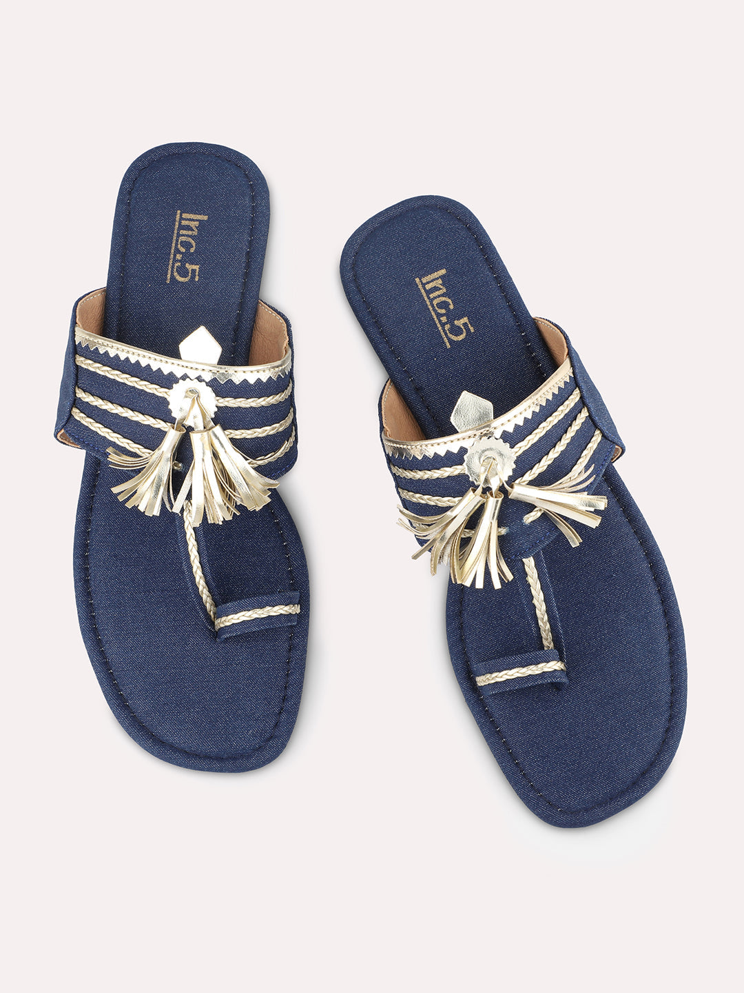 Women Navy & Gold-Toned Denim Kolhapuri One Toe Flats