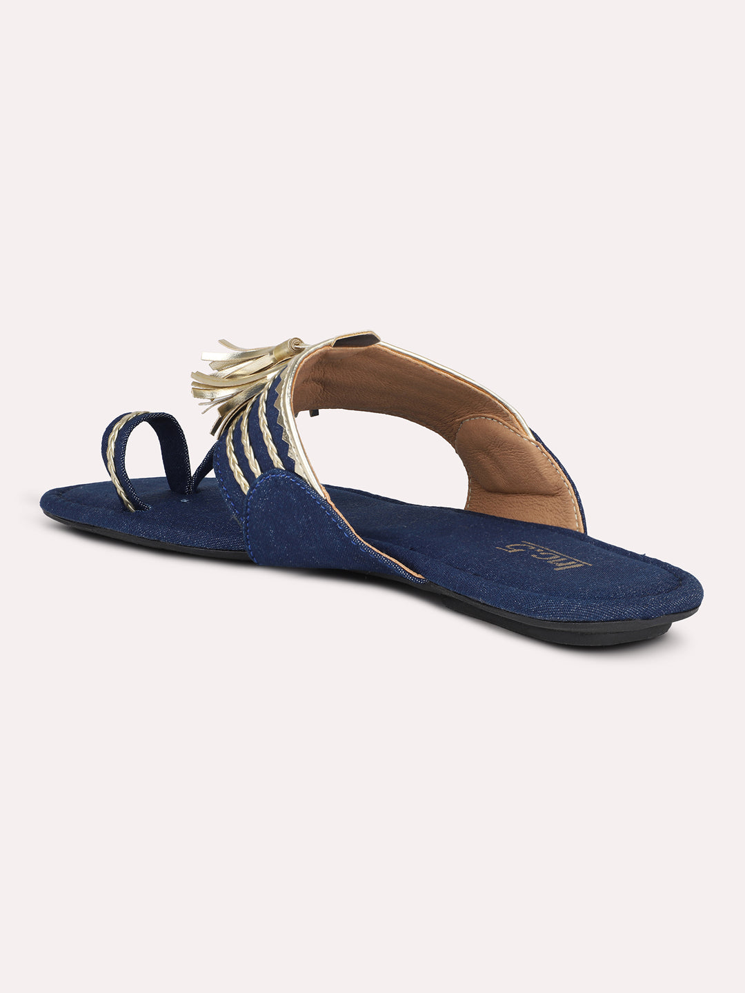 Women Navy & Gold-Toned Denim Kolhapuri One Toe Flats