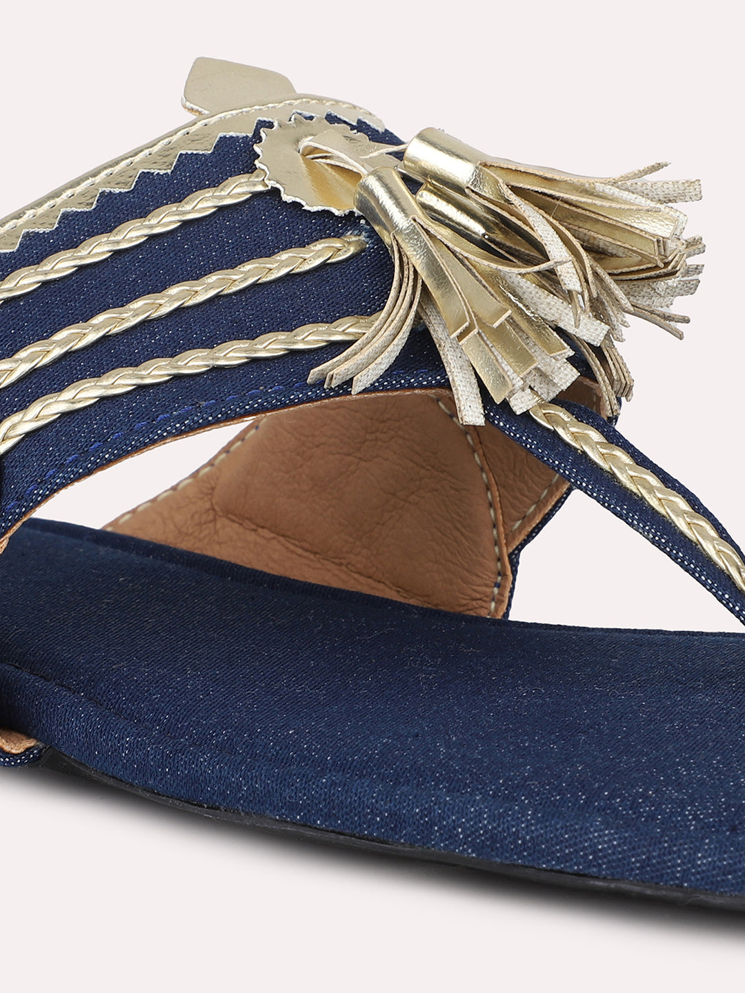 Women Navy & Gold-Toned Denim Kolhapuri One Toe Flats