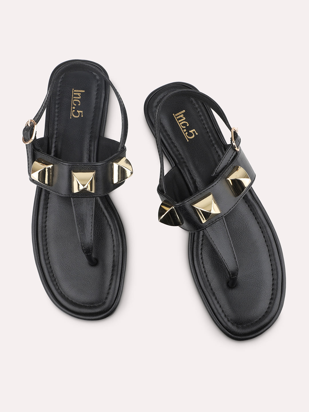 Women Black Embellished T-Strap Flats