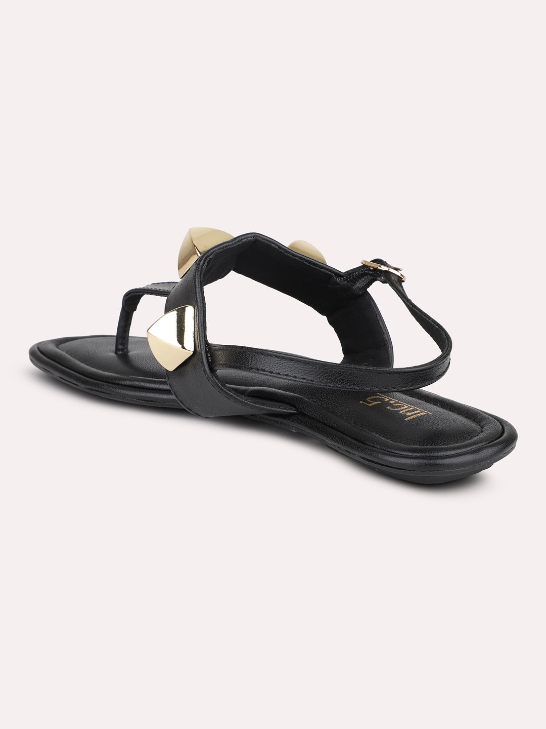 Women Black Embellished T-Strap Flats