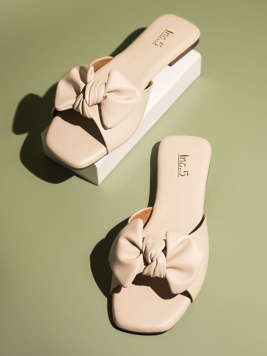Women Cream Open Toe Flats With Bows