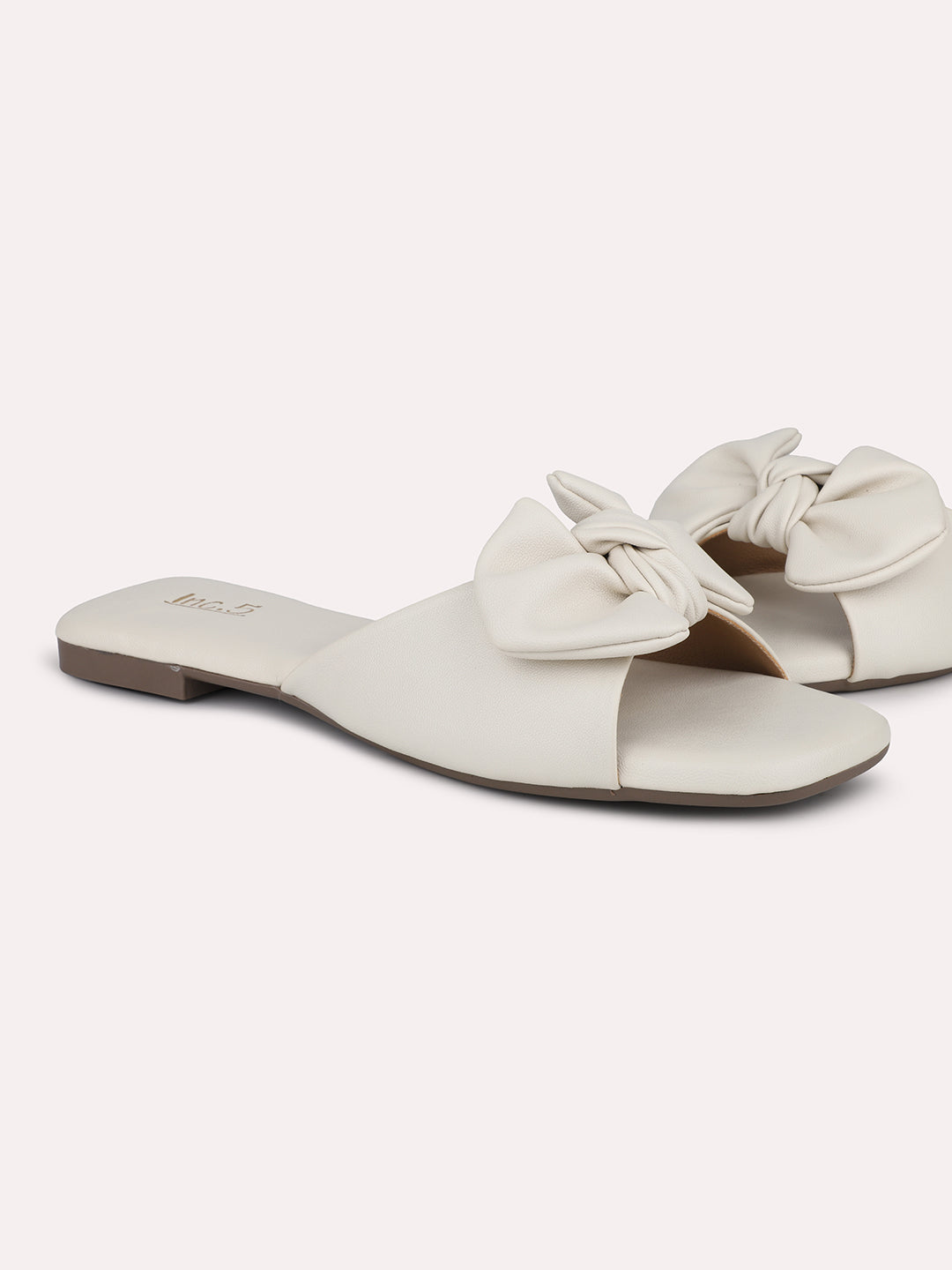 Women Cream Open Toe Flats With Bows