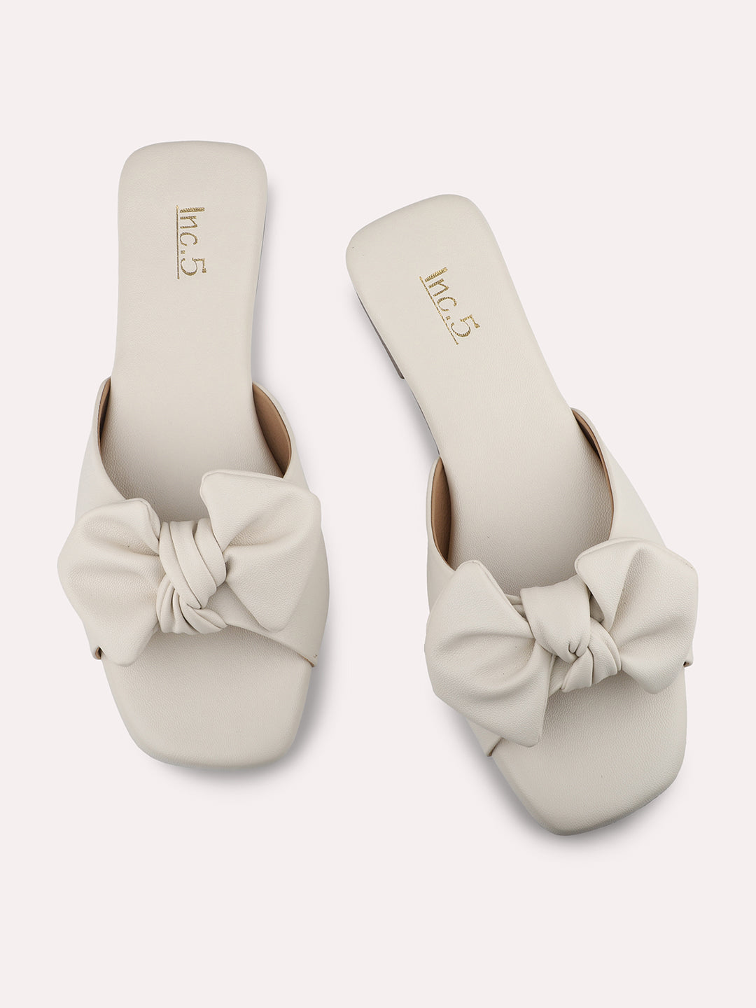 Women Cream Open Toe Flats With Bows