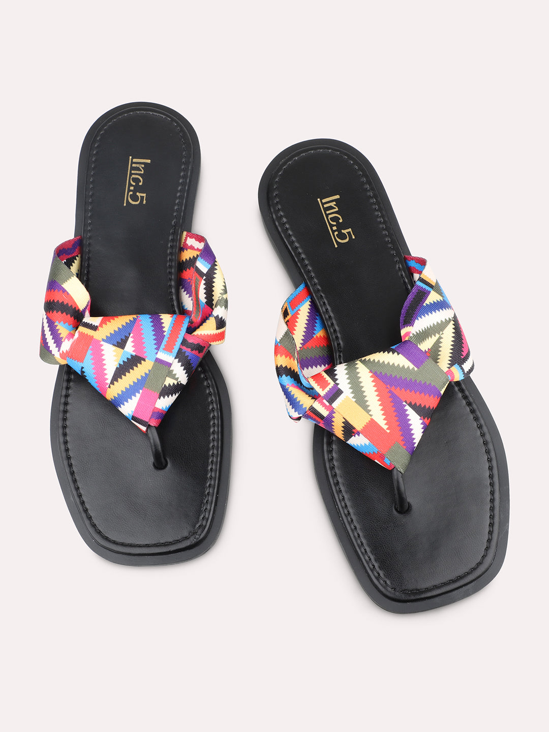 Women Black And Multicoloured Open Toe Flats With Knot Detail