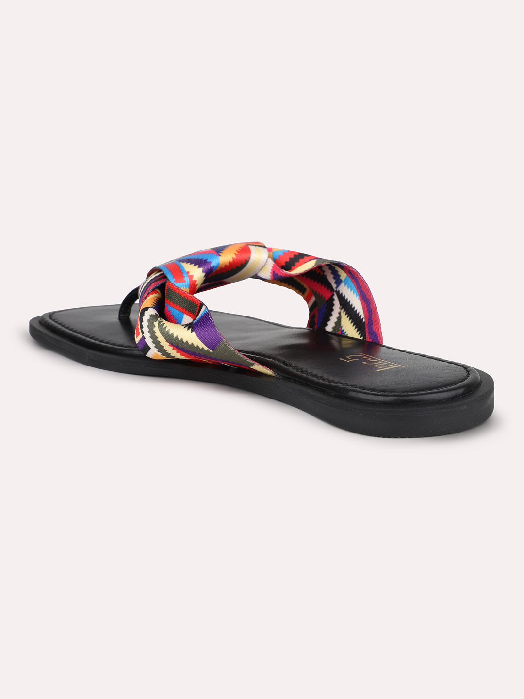 Women Black And Multicoloured Open Toe Flats With Knot Detail