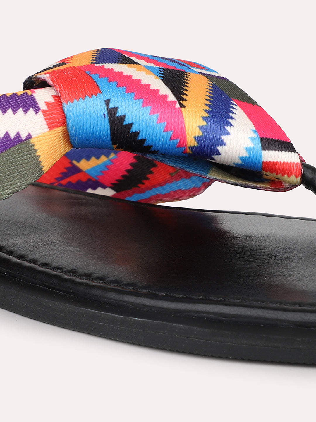 Women Black And Multicoloured Open Toe Flats With Knot Detail