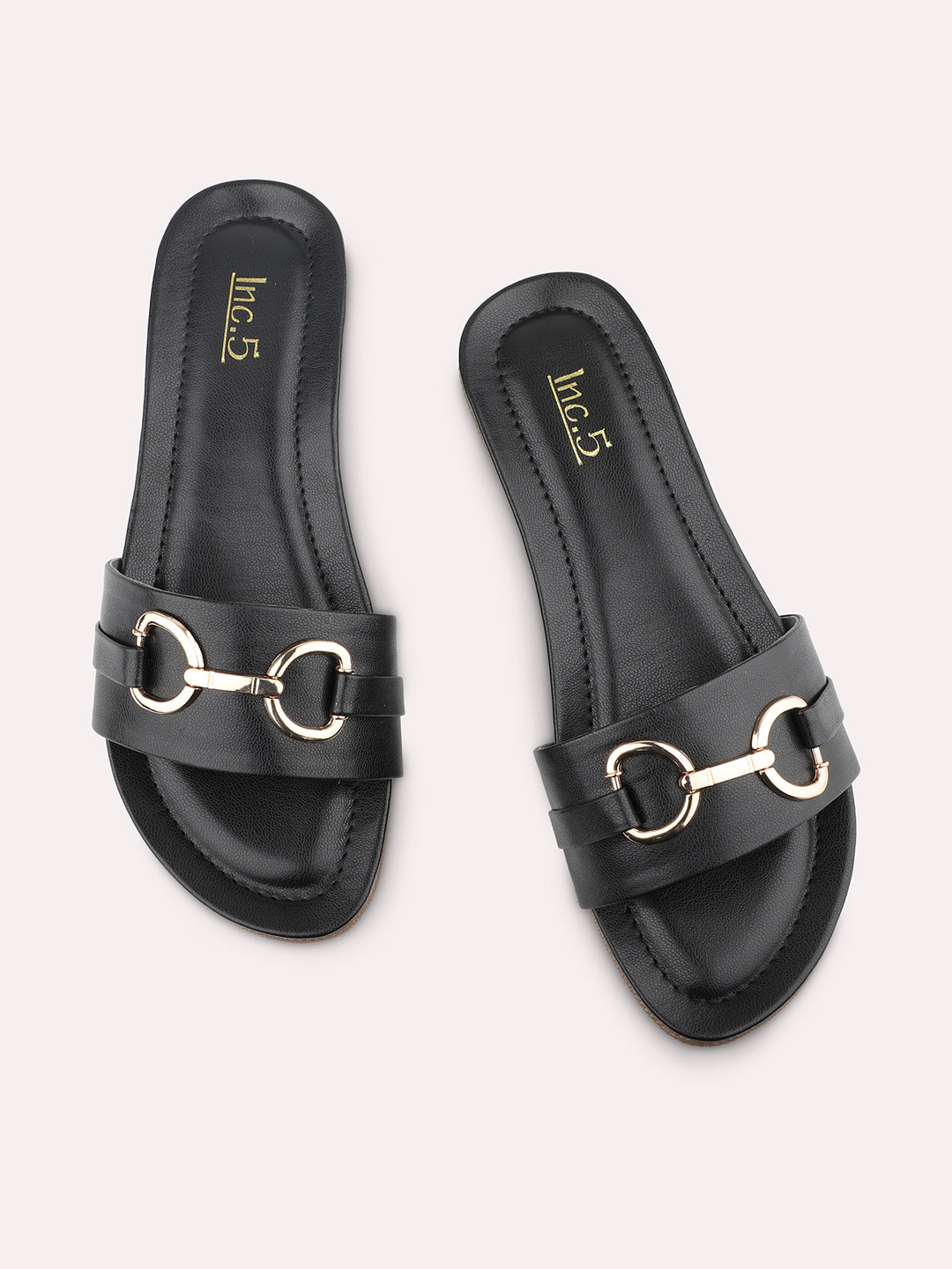 Women Black-Coloured And Gold-Toned Buckled Open Toe Flats