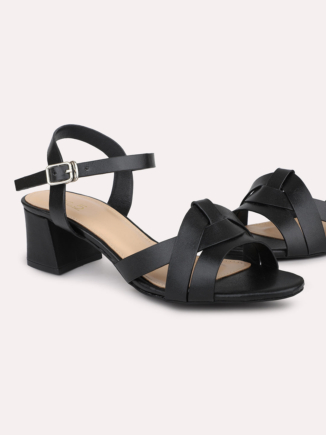 Women Black Block Heels with Buckles Details