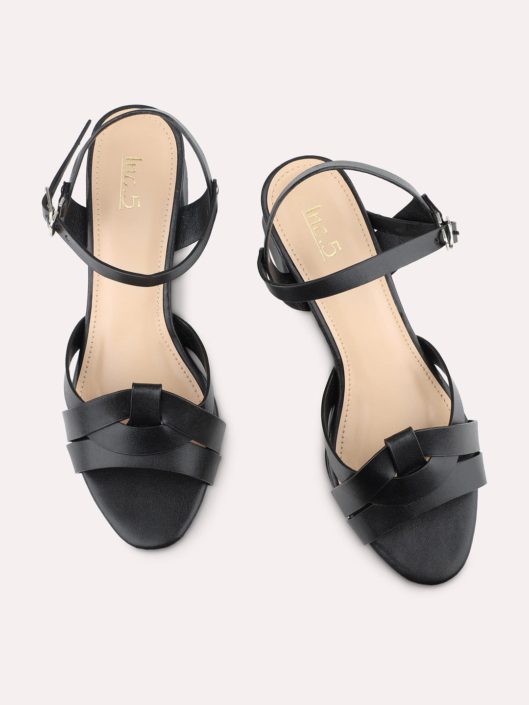 Women Black Block Heels With Buckle Details
