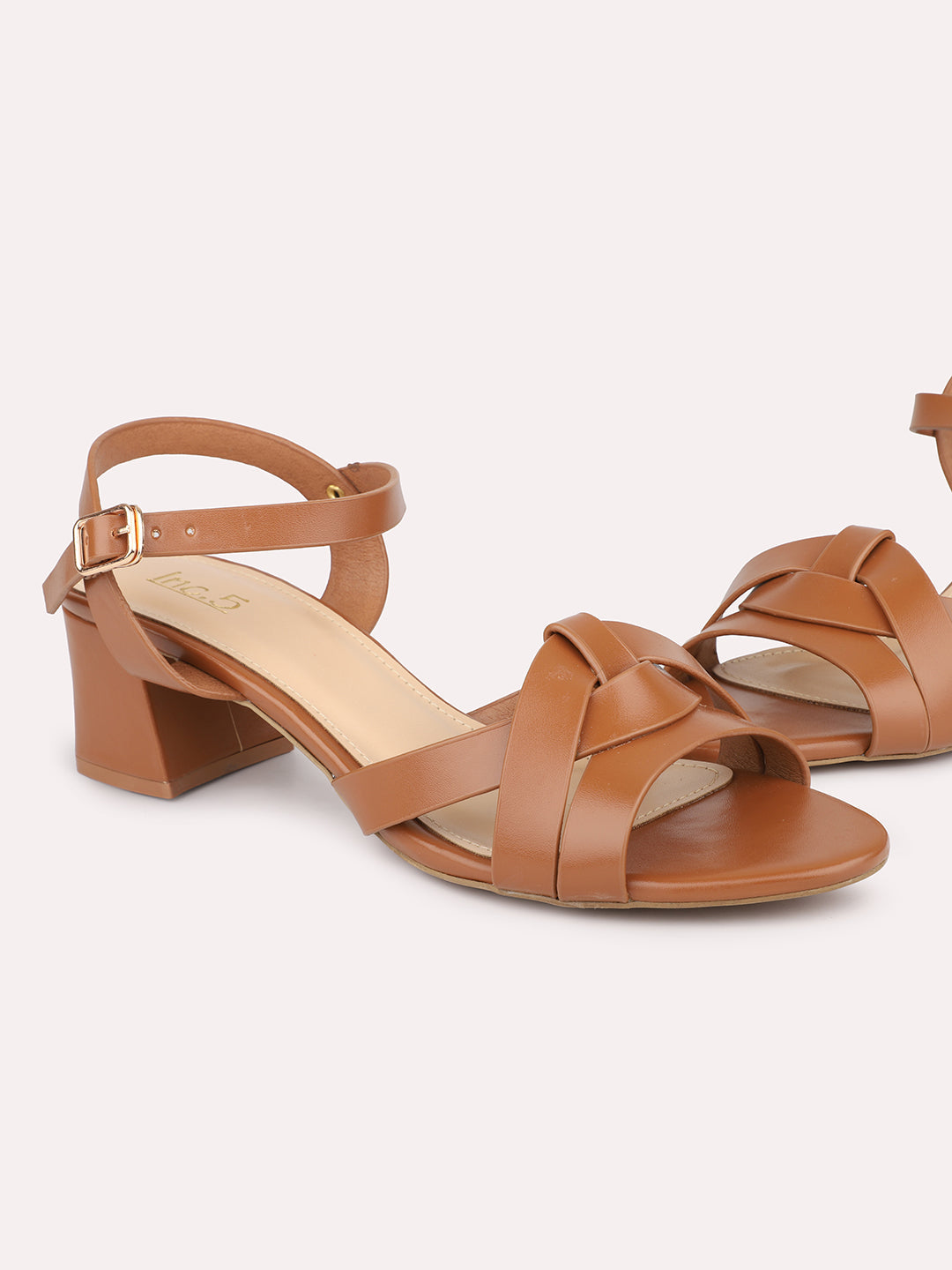 Women Tan Block Heels with Buckles Details