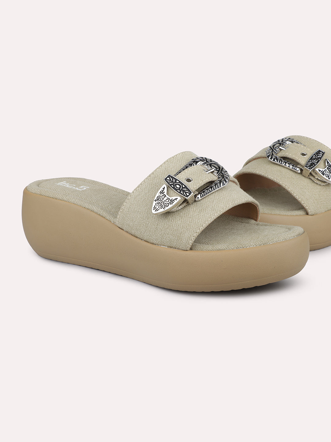 Women Beige Open Toe Comfort Sandals with Buckles