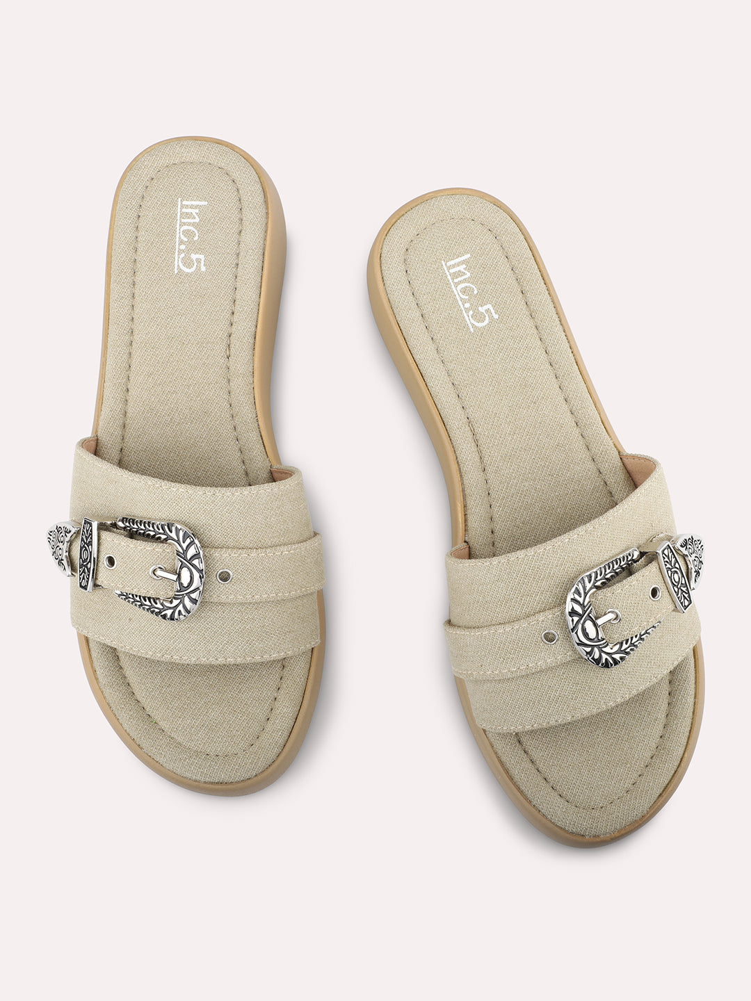 Women Beige Open Toe Comfort Sandals with Buckles