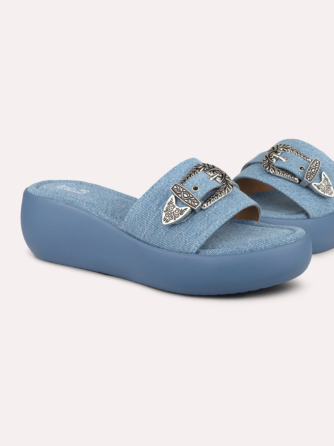 Women Blue Open Toe Comfort Sandals with Buckles