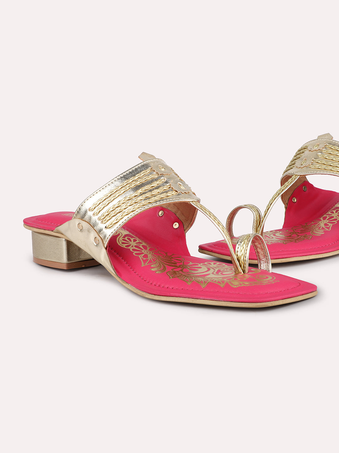 Women Gold & Pink-Toned Embellished Kolhapuri One Toe Flats