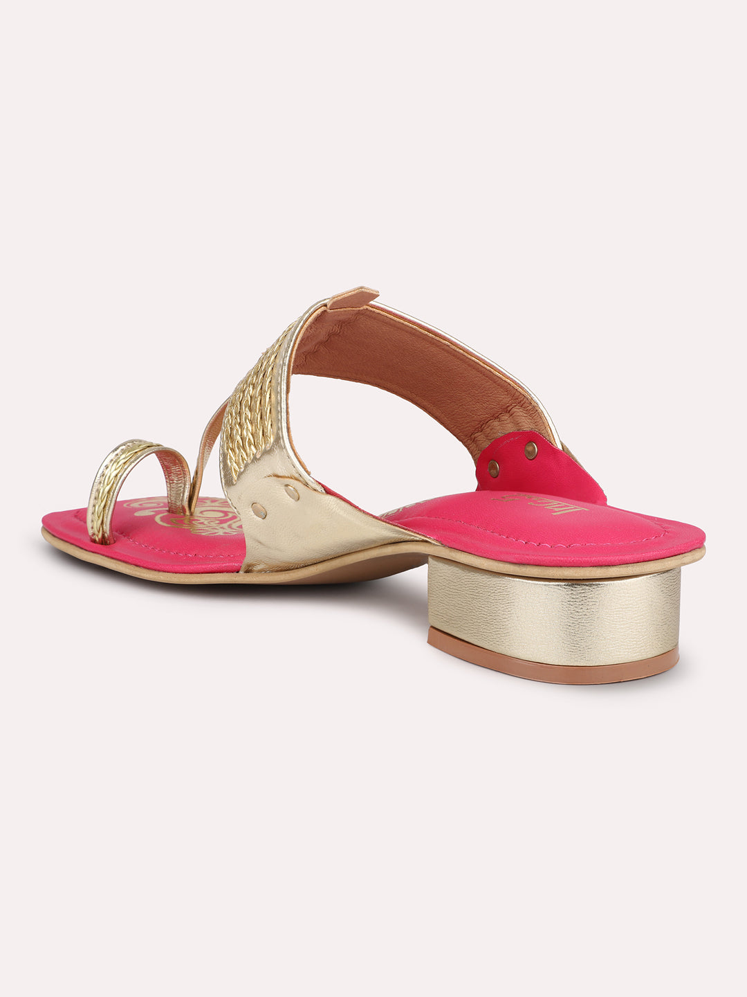 Women Gold & Pink-Toned Embellished Kolhapuri One Toe Flats