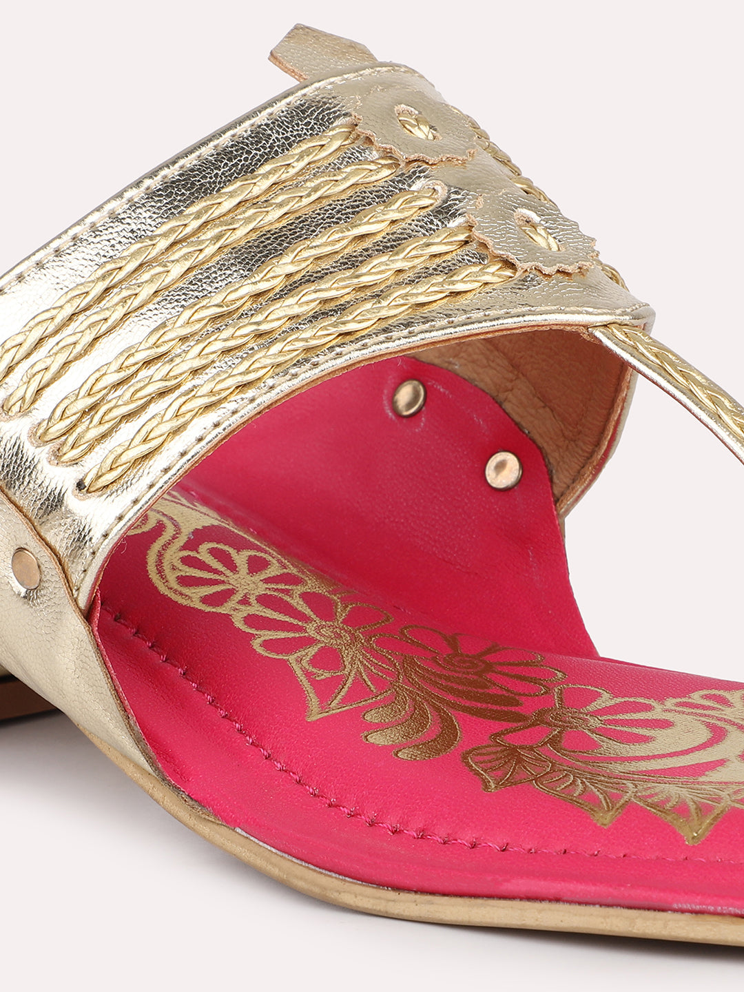 Women Gold & Pink-Toned Embellished Kolhapuri One Toe Flats