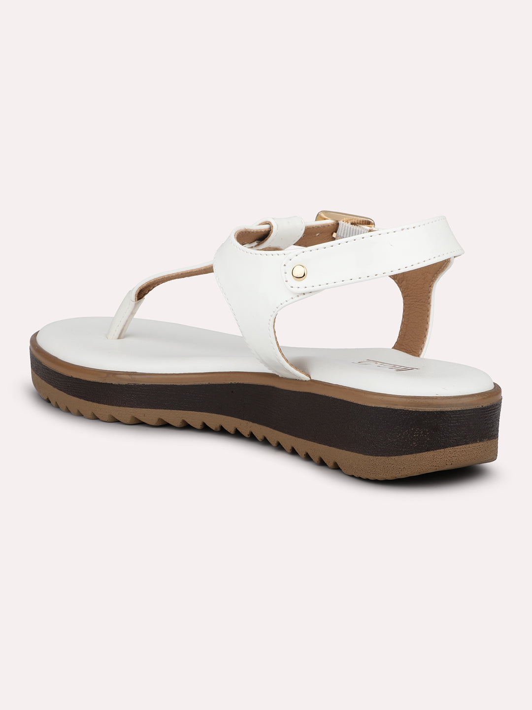 Women White T-Strap Comfort Heels With Buckles