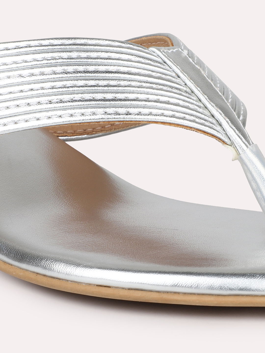 Women Silver Striped Open Toe Block Heels