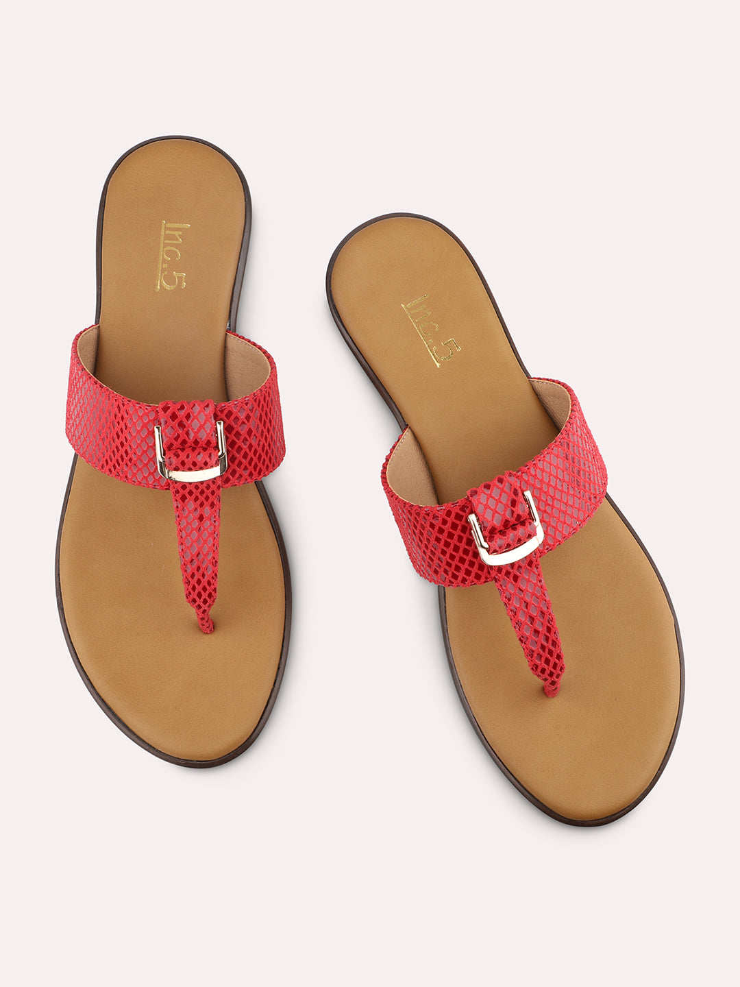 Women Red Open Toe Embellished T-Strap Flats