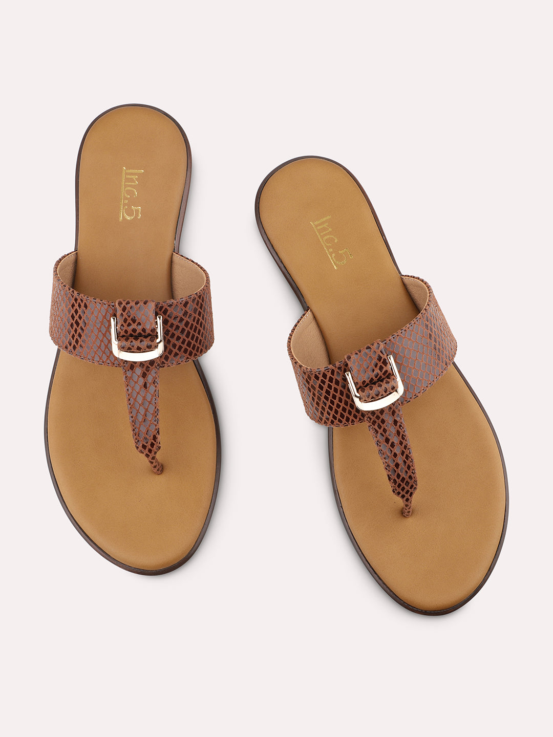 Women Tan Open Toe Embellished T-Strap Flats