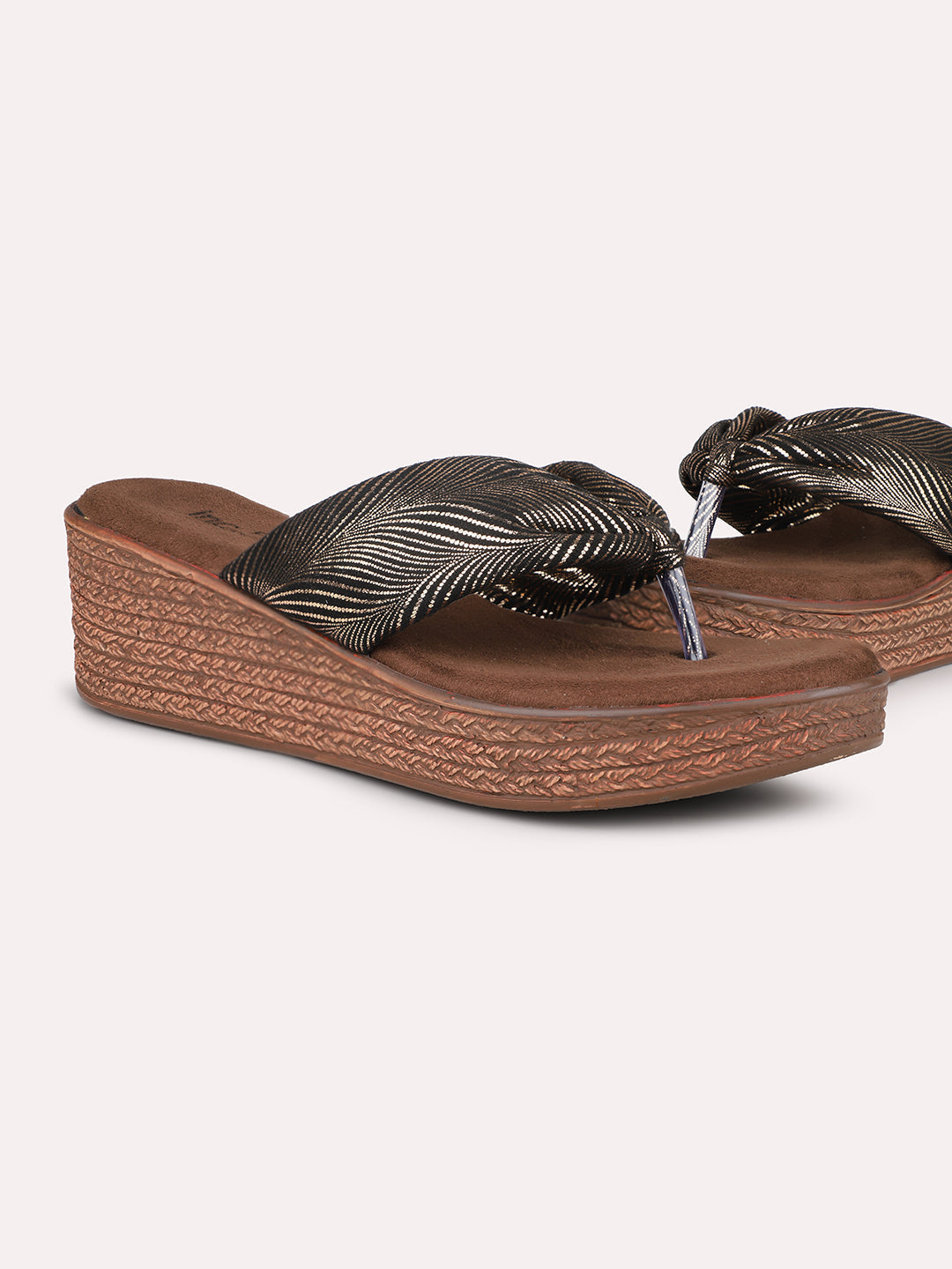 Women Antique Metallic Print Wedge Sandals With Knot Detail