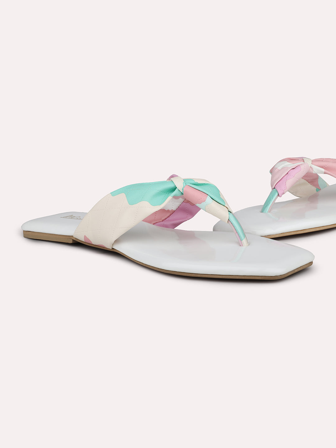 white open-toe flats with multicolour knot detail and square toe design by INC5 Side Angle