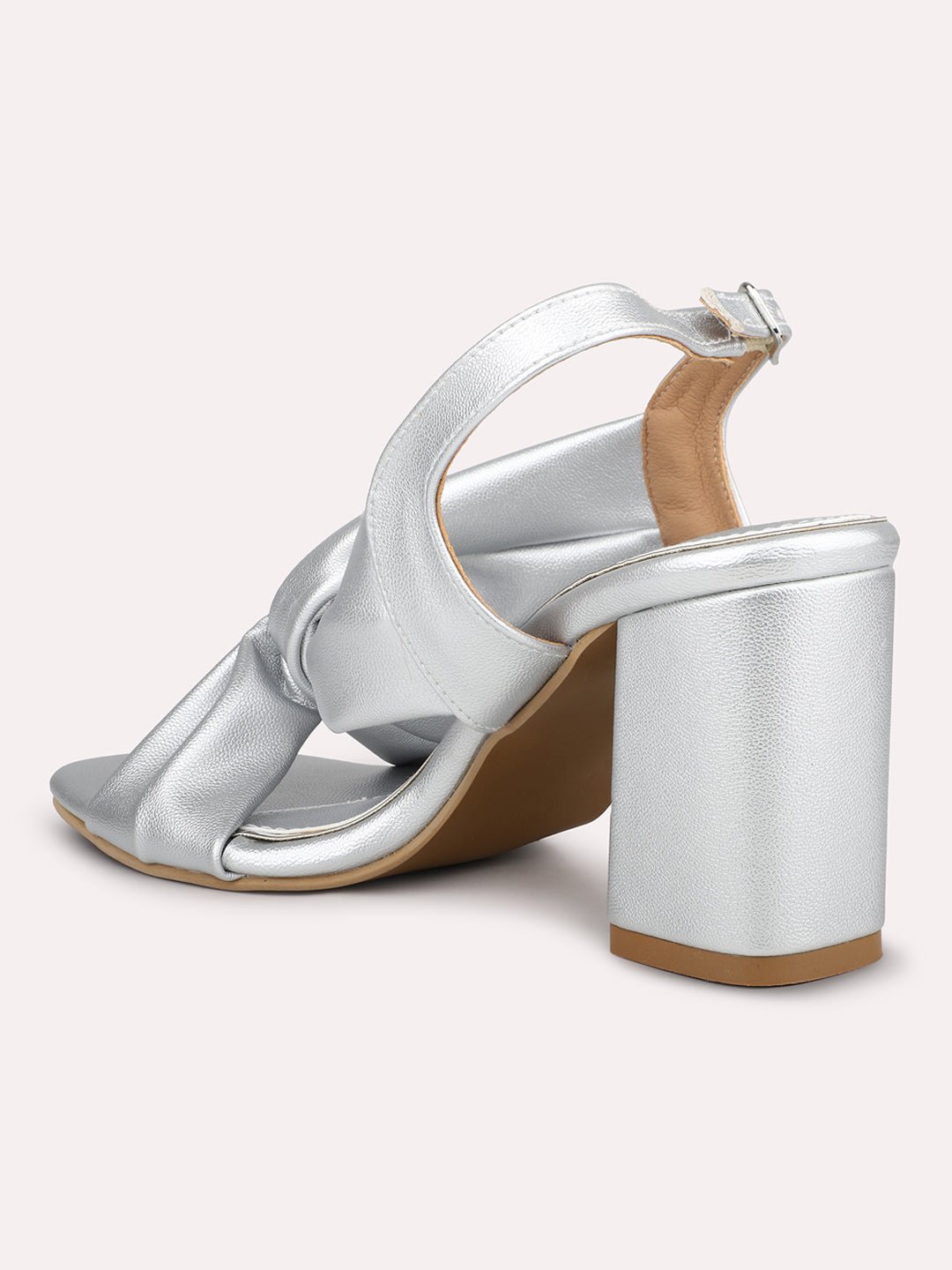 Women Silver Cross Strap Block Heels With Buckles