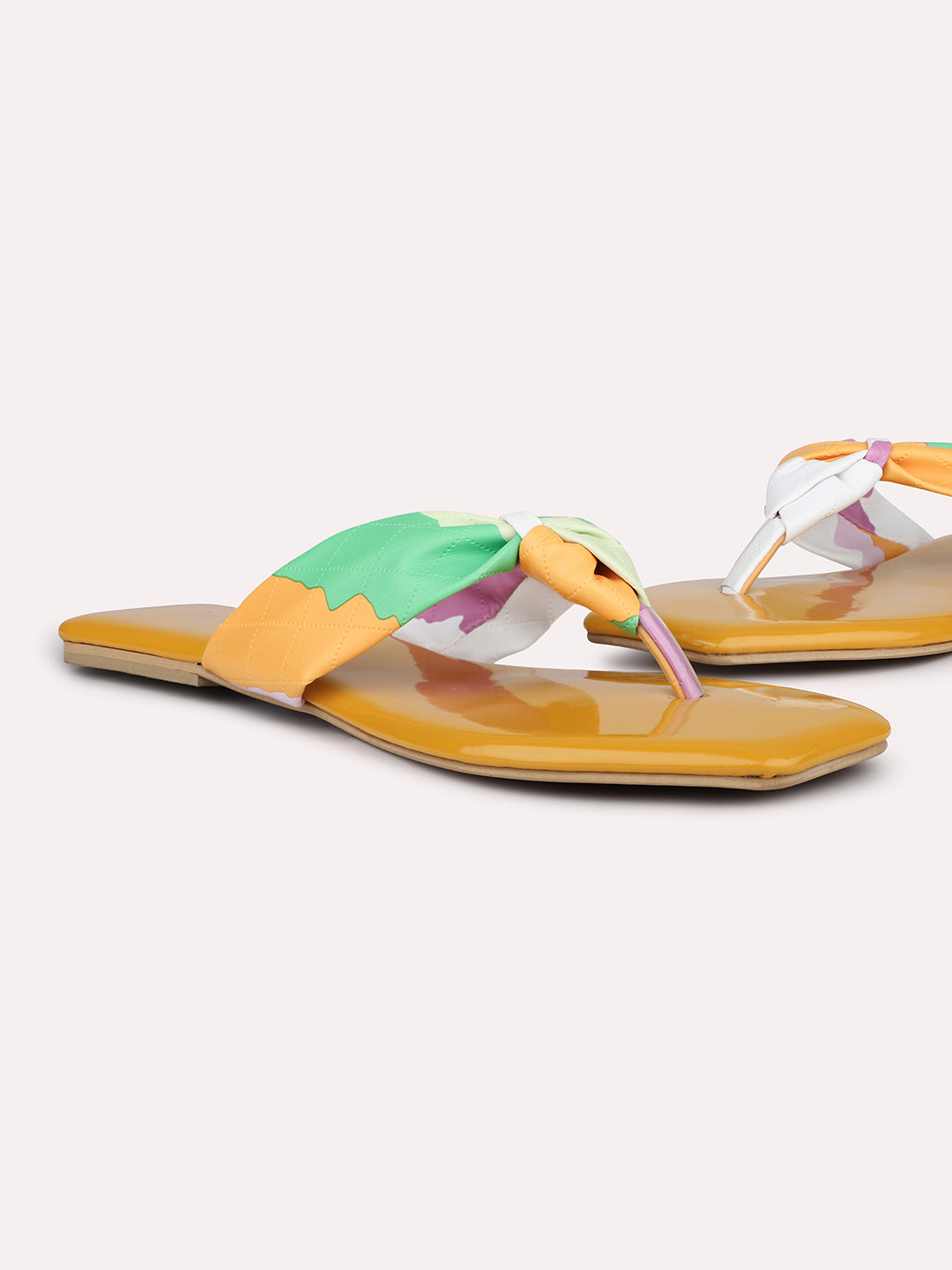 Women Mustard And Multicoloured Open Toe Flats With Knot Detail