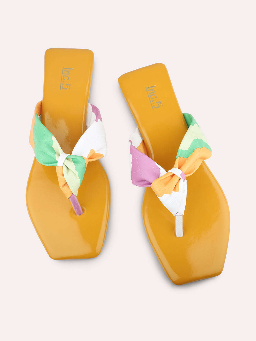 Women Mustard And Multicoloured Open Toe Flats With Knot Detail
