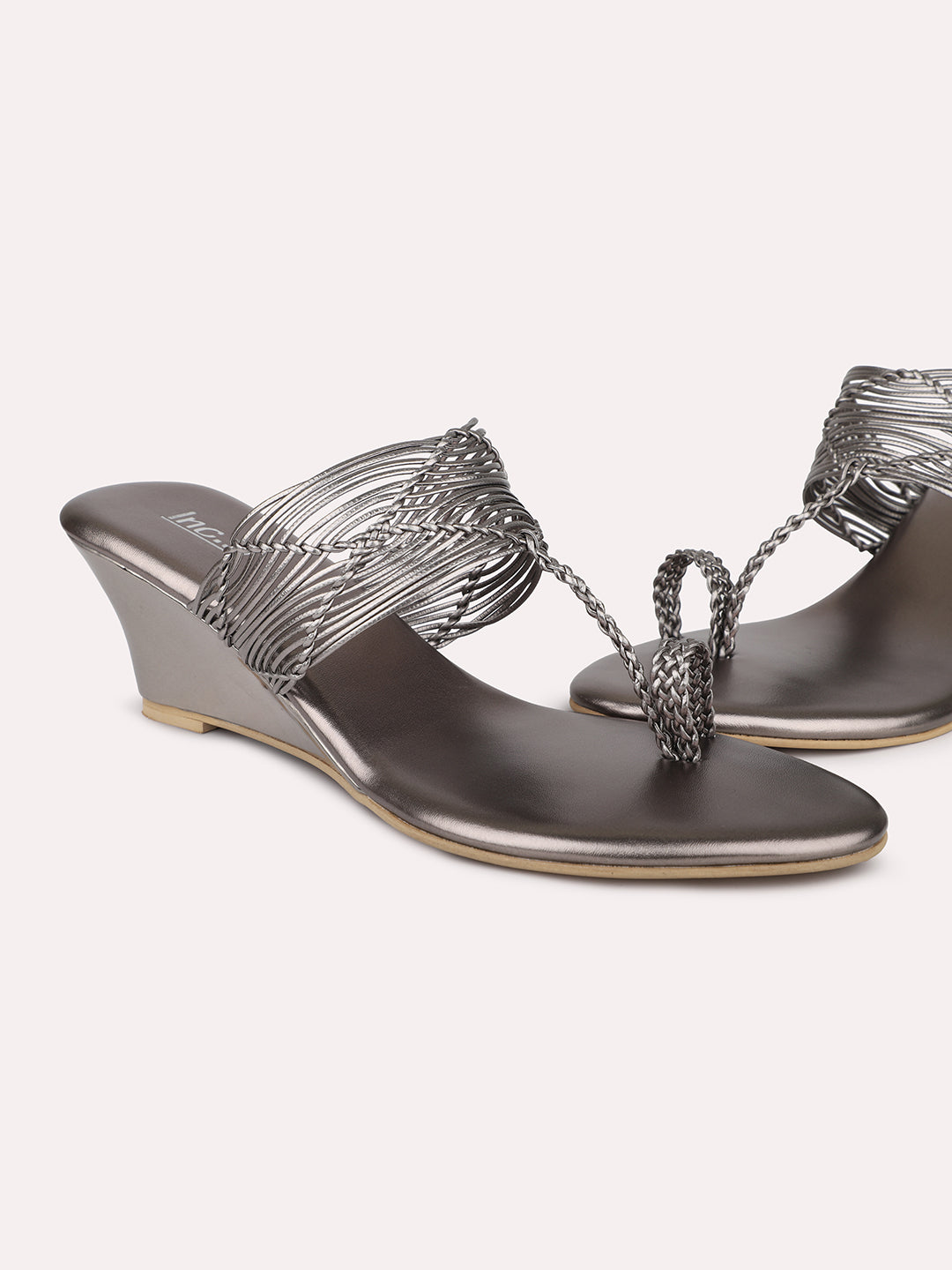 Women Pewter Textured Embellished Wedges