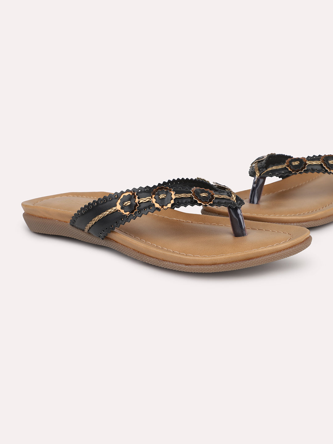 Women Black Textured Open Toe Flats