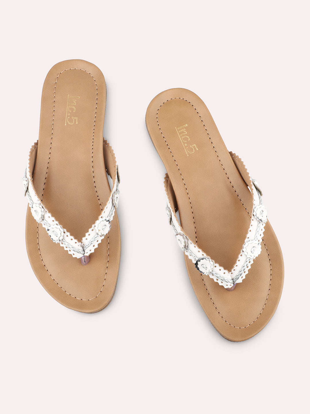 Women White Textured Open Toe Flats