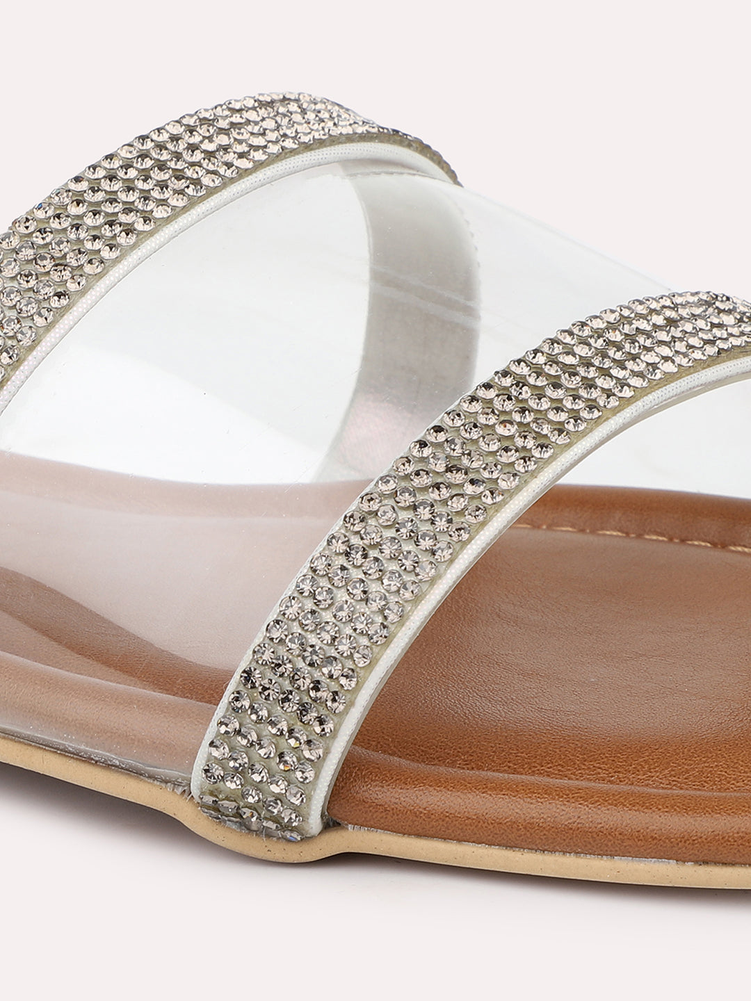 Women Pewter Embellished Open Toe Flats