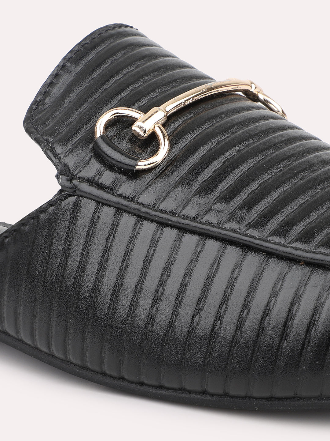Women Black Textured Mules with Metal Detail