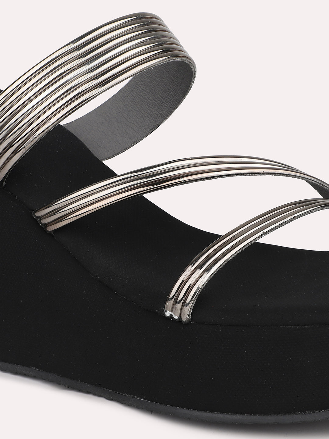 Women Pewter Striped Embellished Open Toe Wedges