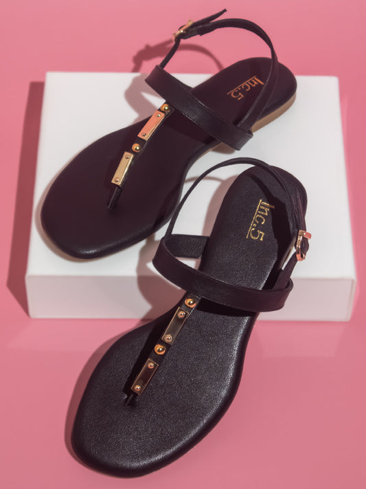 Women Black T-Strap Flats With Backstrap