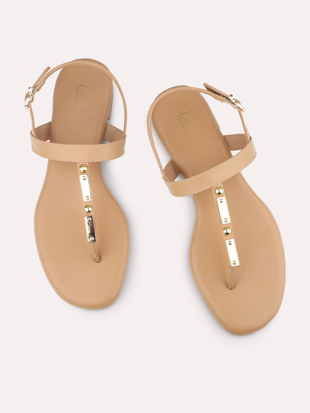 Women Beige T-Strap Flats With Backstrap