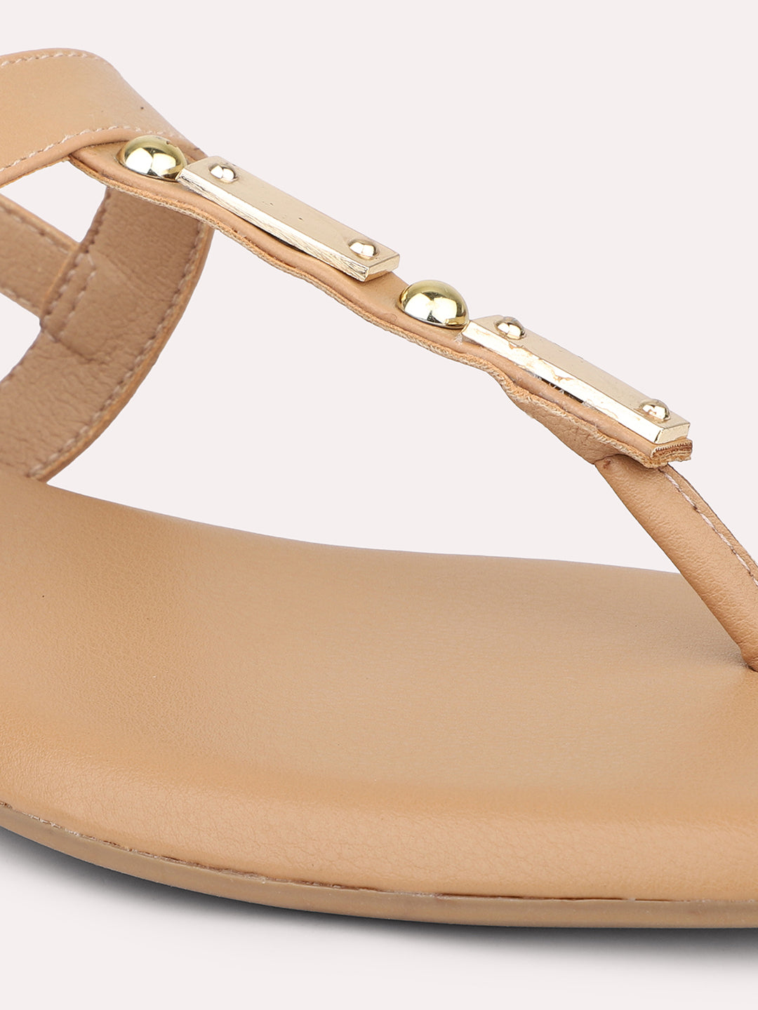 Women Beige T-Strap Flats With Backstrap