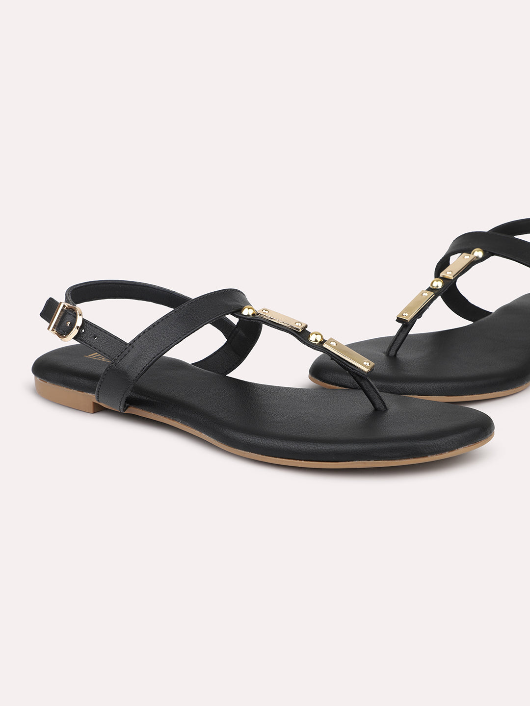 Women Black T-Strap Flats With Backstrap