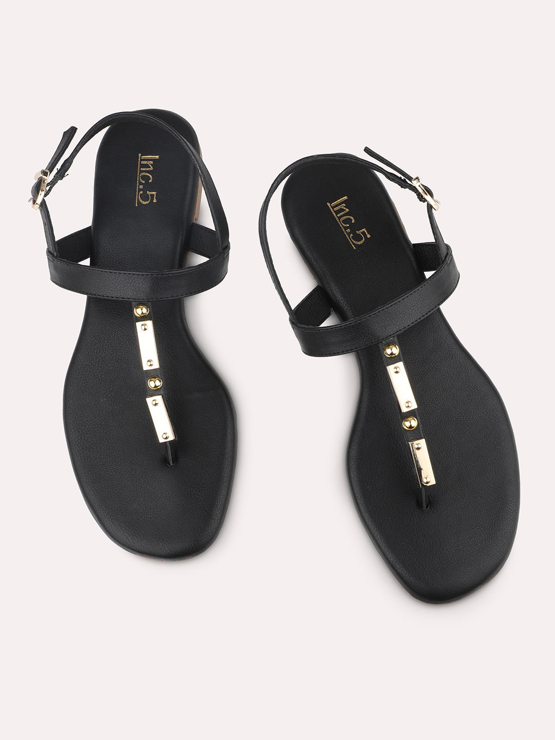 Women Black T-Strap Flats With Backstrap