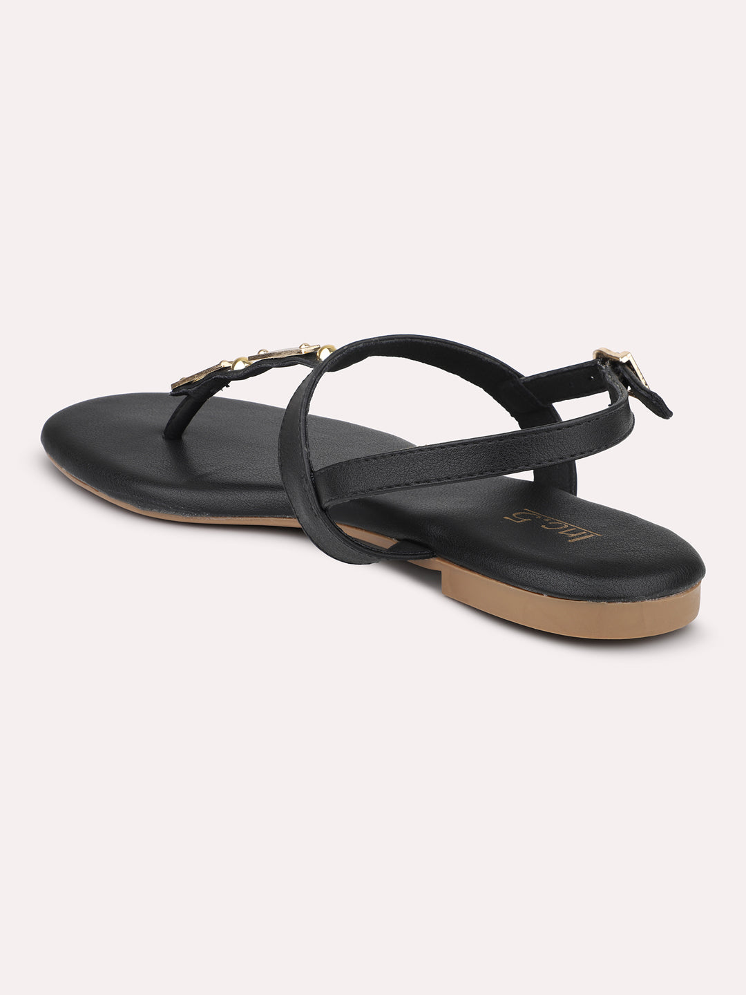 Women Black T-Strap Flats With Backstrap