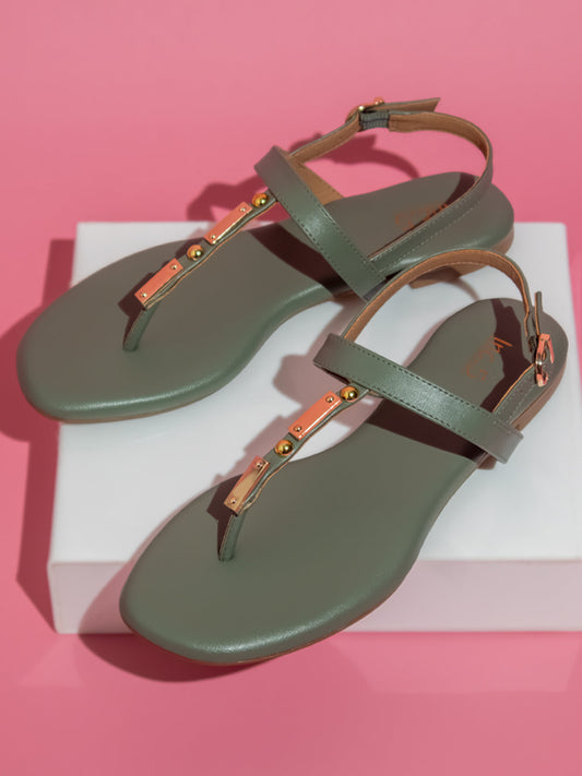 Women Green T-Strap Flats With Backstrap