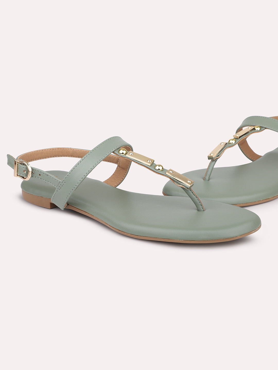 Women Green T-Strap Flats With Backstrap